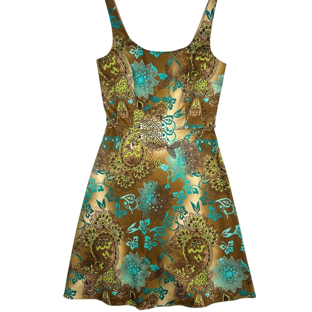 B. Smart Paisley Floral Fit and Flare Mini Dress Gold Turquoise Size 9/10